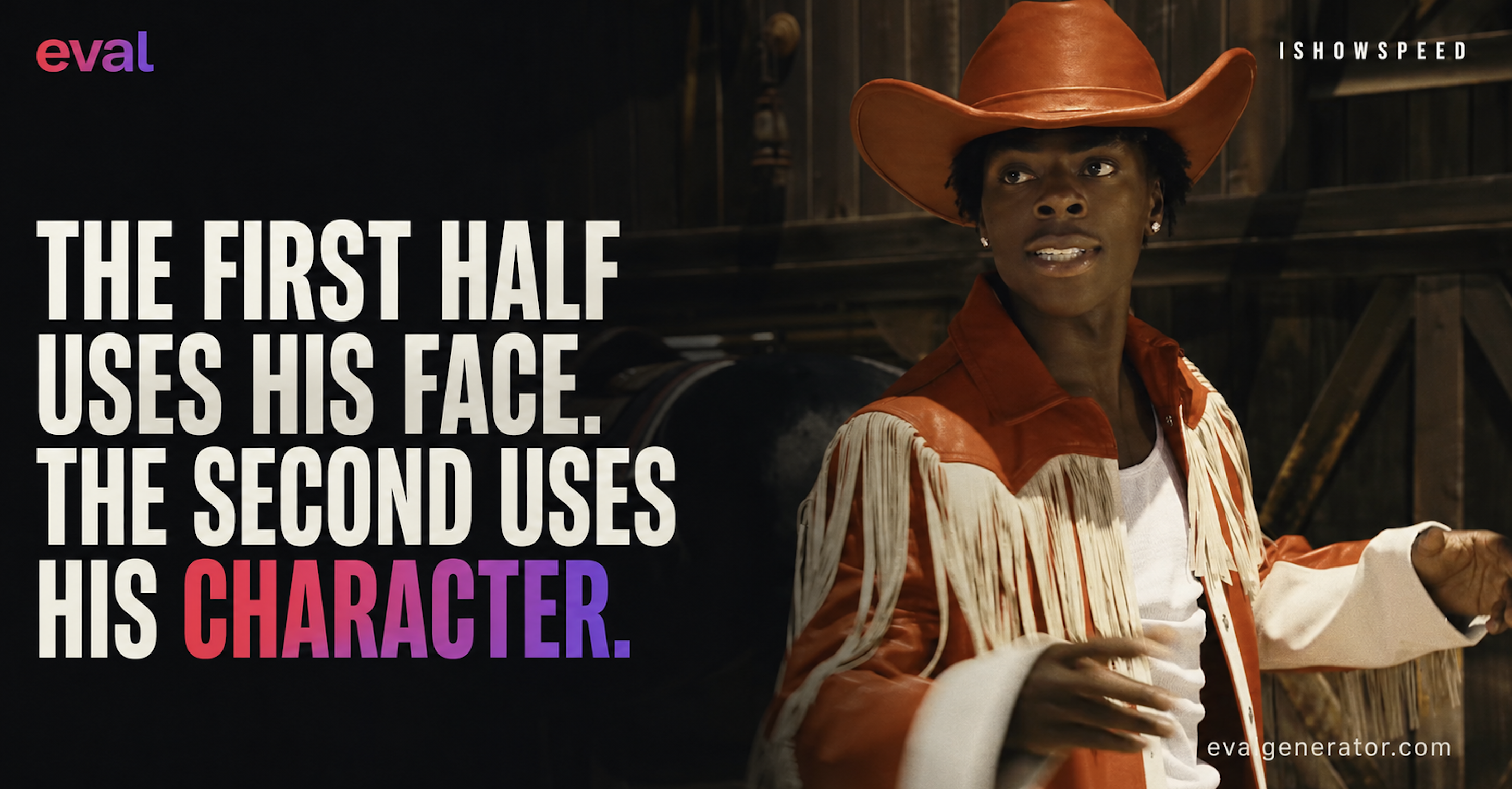 IShowSpeed KFC Hot Ranch analysis: IShowSpeed wears a cowboy hat beside the words The first half uses his face. The second uses his Character.