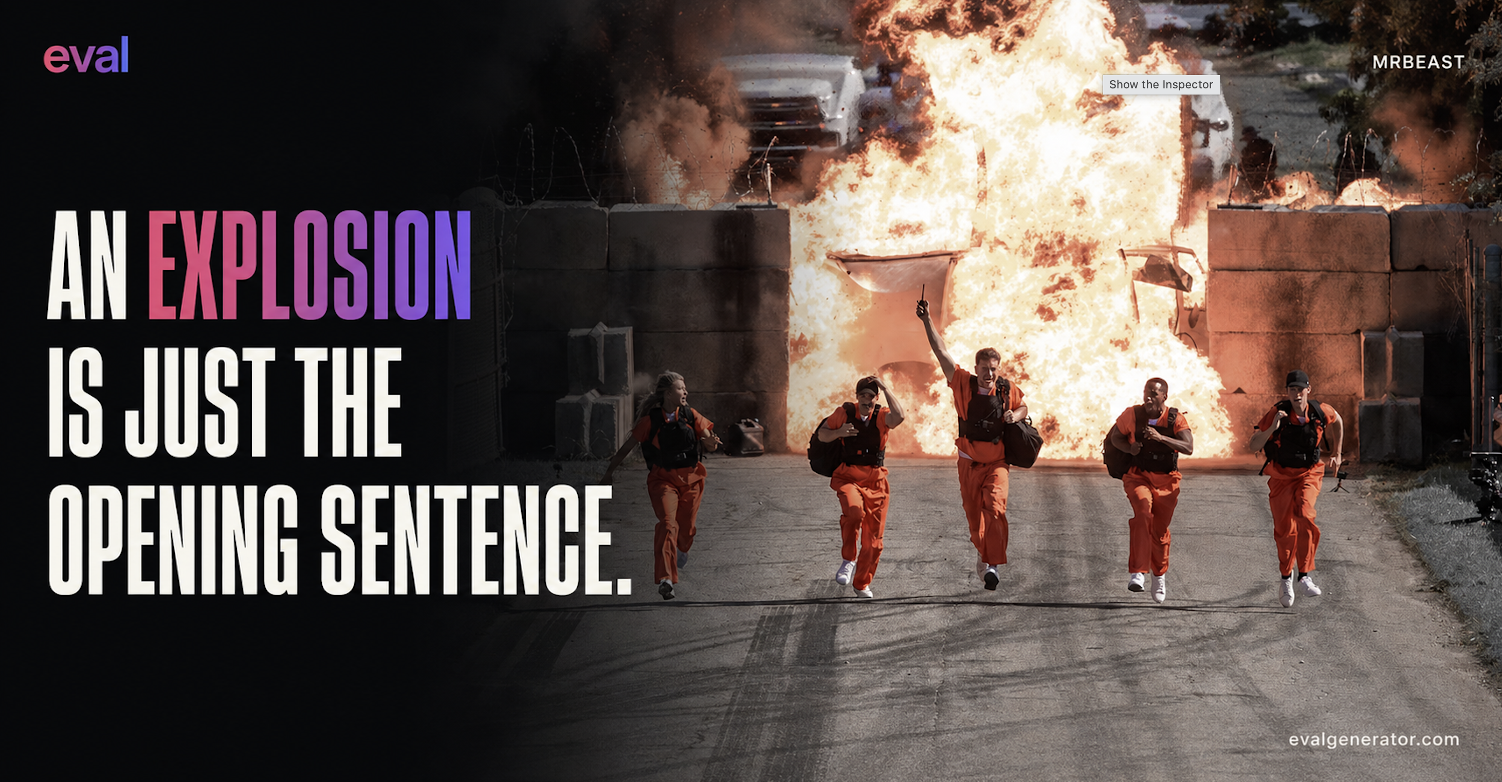 MrBeast Escape 100 Cops analysis: contestants run from an explosion beside the words An explosion is just the opening sentence.